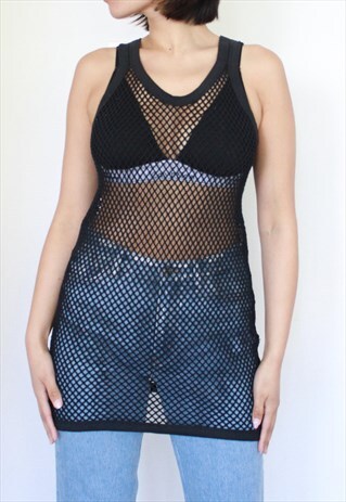 Y2K BLACK MESH NET LONG TANK STRING TOP