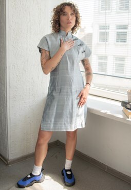 Vintage 70's Rare Grey/Silver Shimmering Chinese Style Dress
