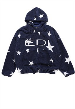 Fleece hoodie fluffy jacket star print pullover in blue