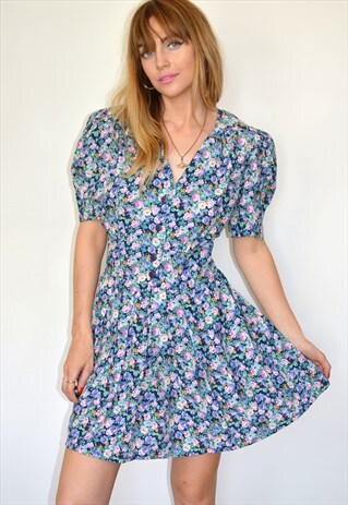 VINTAGE 80S BLUE FLORAL SUMMER MINI DRESS