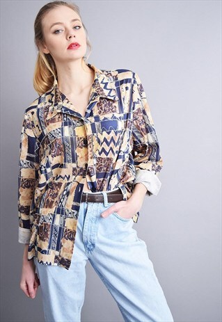 90'S MOD HIPPIE ABSTRACT ARTISTIC PRINT OVERSIZED SHIRT TOP