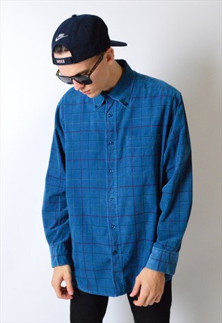 VINTAGE 90S BLUE CHECK CORDUROY LONG SLEEVE SHIRT