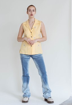 Vintage 90s Sleeveless Button Up Yellow Linen Floral Top S
