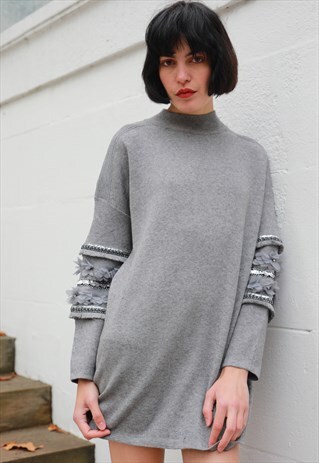 FLORAL & SEQUIN EMBELLISHED SLEEVES LONG JUMPER DRESS
