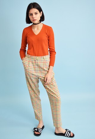 VINTAGE 80'S RETRO TAPERED CHECKED HIGH WAIST TROUSERS