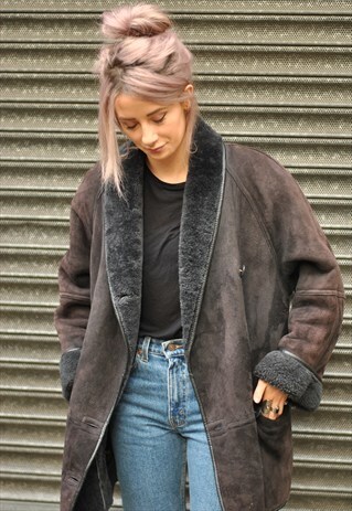 VINTAGE DARK GREY SHEEPSKIN COAT