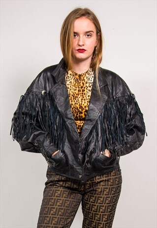 VINTAGE 90'S BLACK LEATHER TASSEL BIKER JACKET