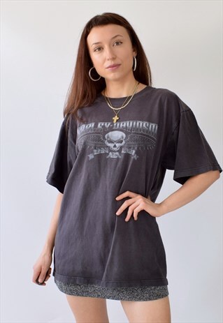 VINTAGE HARLEY DAVIDSON SKULL T-SHIRT GREY LARGE