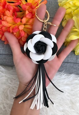 Black & White Flower & Tassels Handbag Charm / Keyring
