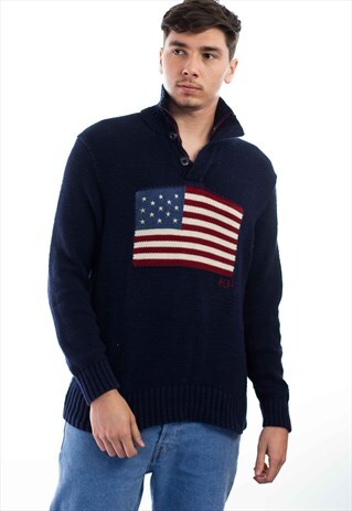 VINTAGE POLO RALPH LAUREN US FLAG 1/4 ZIP JUMPER 90S XL 26.7