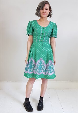 VINTAGE 70'S GREEN AND PINK BAVARIAN STYLE DRESS