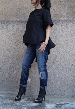 OVERSIZED BLACK SHIRT/SHORT SLEEVED/GATHERED TOP/F1666
