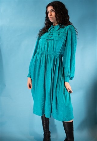 Vintage 80s Size ML Silk Ruffle Collared Midi Dress in Blue.