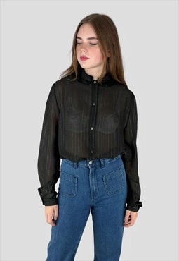 70's Black Ruffle Long Sleeve Black Blouse Lurex Stripe 