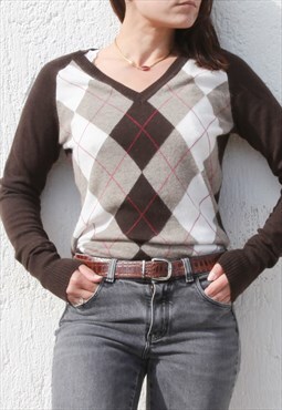 Brown/multi color argyle angora/merino/wool blend sweater