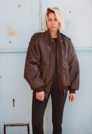 VINTAGE 80' CLASSIC BROWN UNISEX LEATHER BOMBER JACKET