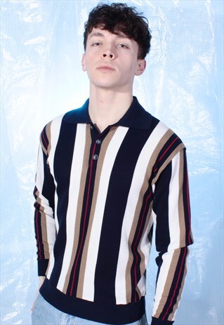 GUY DE BERAC NAVY, WHITE AND GOLD STRIPED POLO SHIRT