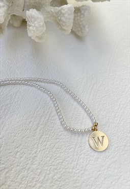 Gold Letter Faux Pearl Initial  W Charm Pendant  Necklace