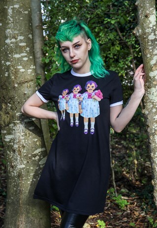 BLACK RINGER DRESS WITH DOLL BEETLE TRIPLETS PRINT