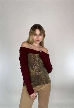 Vintage 00s Knitted Boat Neck Floral Top 