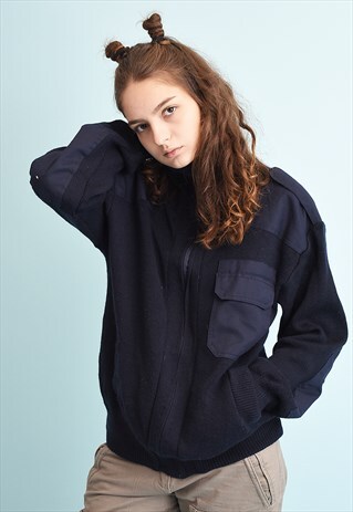 80'S RETRO KNIT NAVY BLUE MILITARY STYLE CARDIGAN