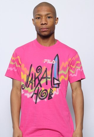 VINTAGE FILA BIG SPELL OUT LOGO T-SHIRT PATTERN PINK
