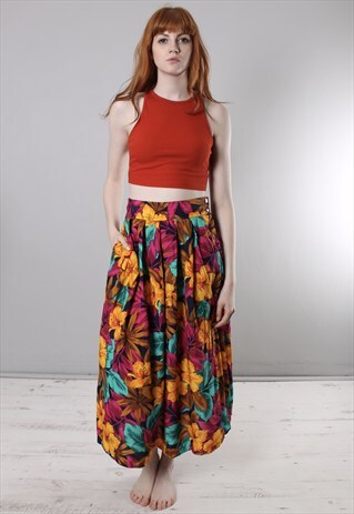 VINTAGE 80S HAWAIIAN FLORAL PATTERNED MIDI LONG SKIRT
