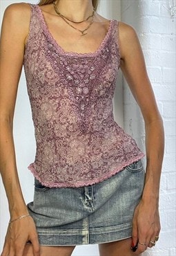 Vintage Y2k Mesh Lace Cami Top Pink Floral Coquette