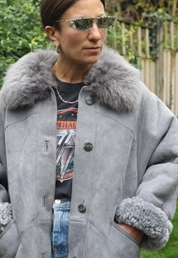 Vintage 1990s Penny Lane suede shearling coat in grey blue