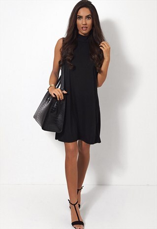 LILLY BASIC BLACK POLO NECK SWING DRESS