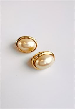 Christian Dior Earrings Pearl Gold Stud Vintage Oval Clip on