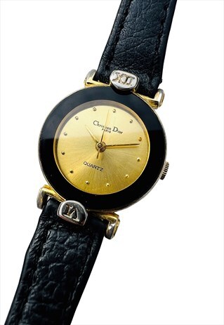 Christian Dior Watch Gold Black Wristwatch Round Vintage