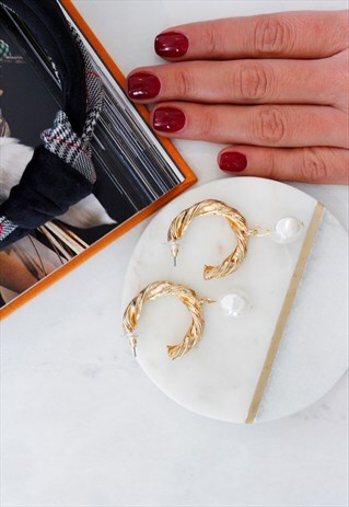 GOLD ROPE HOOP PEARL DROP EARRINGS