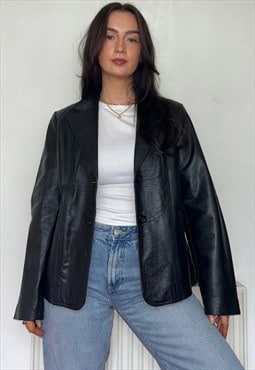 Black Leather 90s Vintage Button Up Jacket
