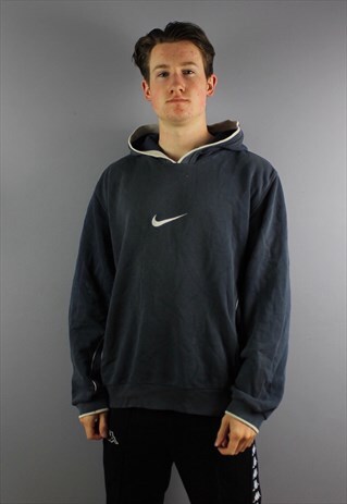 VINTAGE NIKE HOODIE IN NAVY WITH EMBROIDERED CENTRE SWOOSH L