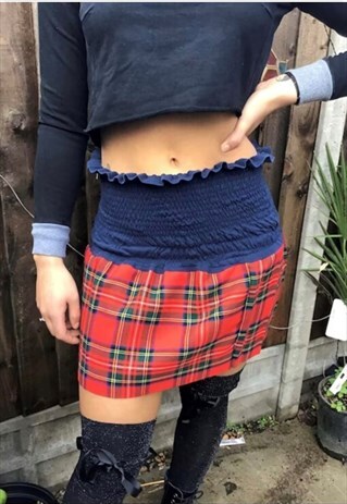 VINTAGE TARTAN REWORK MINI SKATER SKIRT HIGH WAIST 