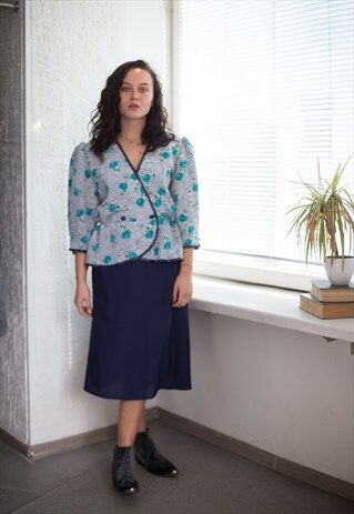 VINTAGE 80'S MIDI PATTERNED TOP SHORT SLEEVED DRESS IN BLUE