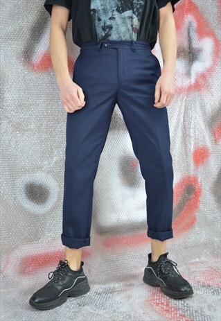 VINTAGE DARK BLUE STRAIGHT CLASSIC SUIT TROUSERS