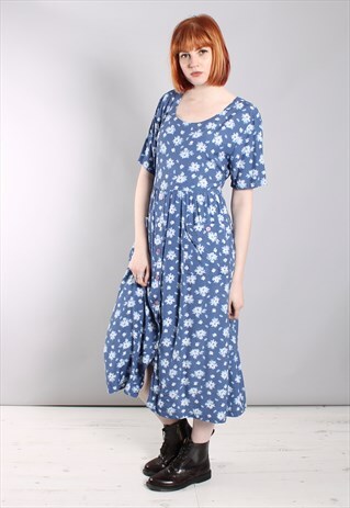 VINTAGE 80S FLORAL BUTTON TIE BACK MIDI DRESS