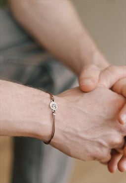 Silver Om bracelet for man brown yoga gift for him ohm charm