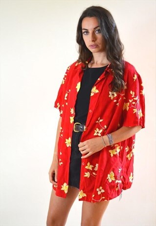 90S VINTAGE ABSTRACT RED & YELLOW FLORAL FESTIVAL SHIRT