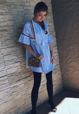 STRIPED BOHO DRESS WITH POMPOM