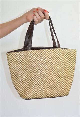 VINTAGE BROWN & BEIGE WOVEN BASKET BAG