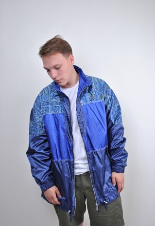 BLUE AZTEC PRINT OVERSIZE WINDBREAKER, 80S RAVE JACKET