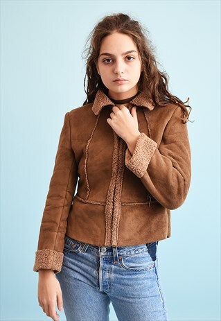 90'S RETRO SHERPA SHEARLING FAUX SUEDE & FAUX FUR JACKET