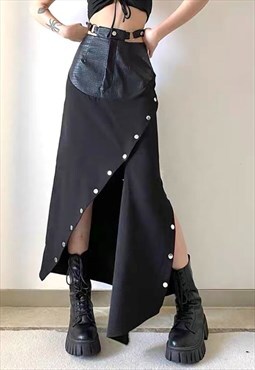 Black Denim Button Slit Maxi Street Grunge Skirt