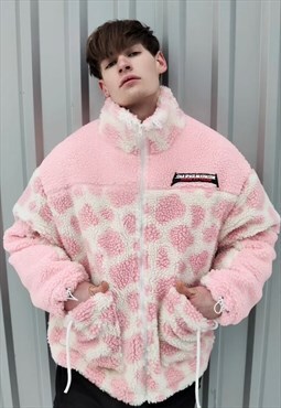 Cow print fleece jacket animal fur bomber jacket pastel Pink