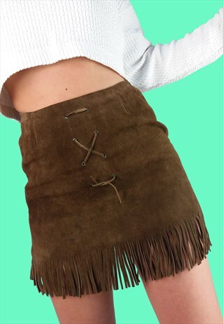 VINTAGE 80'S BROWN SUEDE BOHO FESTIVAL FRINGE MINI SKIRT