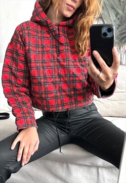 Y2K Hooded Plaid Crop Jumper - Small