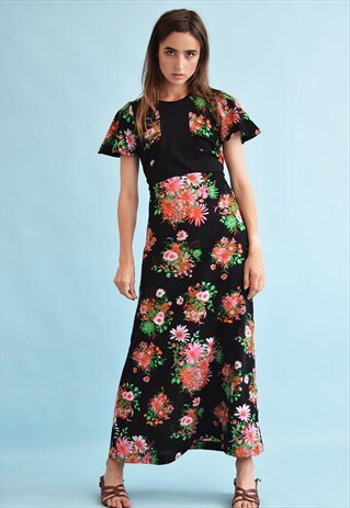 VINTAGE 70'S RETRO BOHO FLORAL PATTERN MAXI ELEGANT DRESS